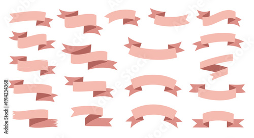 A collection of pink ribbons arranged in a grid pattern, displayed on a clean and simple white background, viewed from directly above.