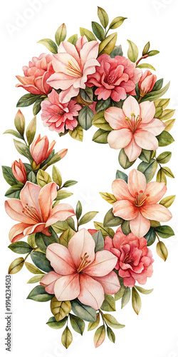 Watercolor floral wreath with pink azaleas and greenery on black background