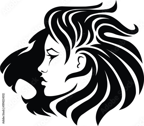 A stylized black and white profile of a woman's head with flowing, voluminous hair, depicted in a graphic art style.