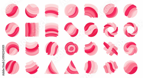 A collection of abstract pink and white rainbow shapes viewed from directly above in a digital illustration environment