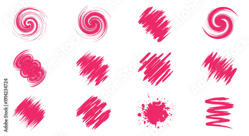 Vibrant Pink Brush Strokes and Swirls, Abstract Artistic Elements, Isolated on a Simple Background, Vector Illustration File