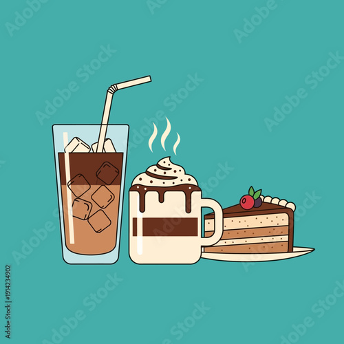 Iced Coffee, Hot Chocolate, and Cake Slice - Delicious Dessert and Drink Combo