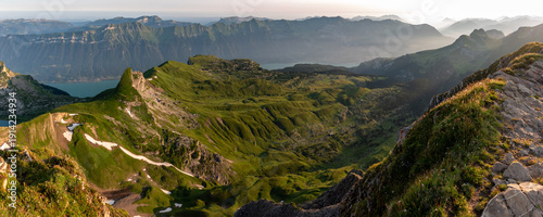 Quadro em tela Alpine pasture between lake Brienz and Mount Faulhorn in the early morning