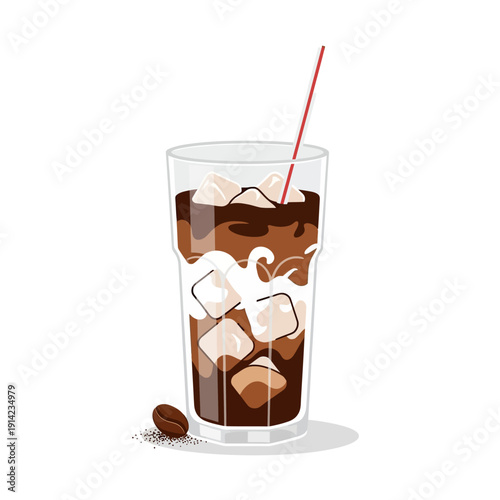 Refreshing Iced Coffee with Cream and Ice Cubes in a Tall Glass with Straw