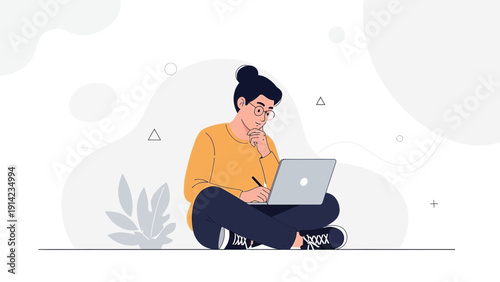 Young person focused on laptop, working or studying, minimalist flat illustration