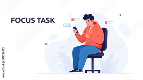 Young Man Focused on Smartphone Screen, Sitting in Office Chair