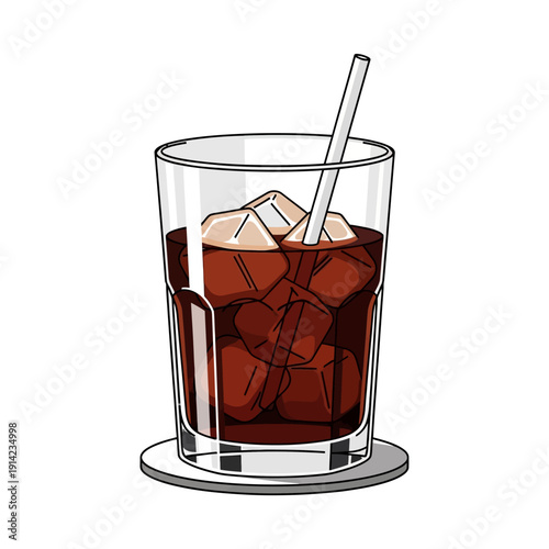 Refreshing Iced Coffee with Ice Cubes and Straw in a Glass on a Coaster
