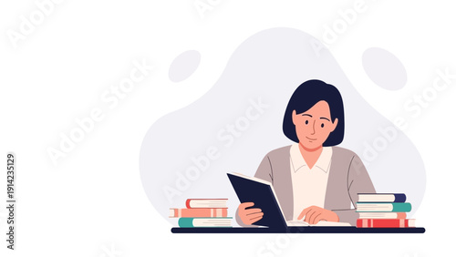 Woman Reading Book at Desk with Stacked Books