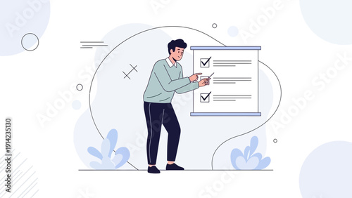 Man checking off tasks on a whiteboard, modern flat illustration
