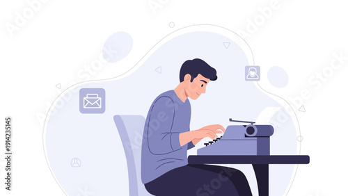 Man typing on vintage typewriter, creative writing, communication concept