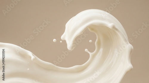 Dynamic white milk or cream splash forming a wave with droplets on a beige background