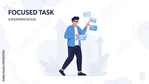 Focused Businessman Working on Laptop with Floating Messages and Growth Arrows