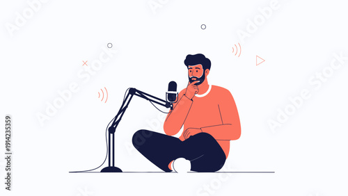 Man recording podcast with microphone, sitting and thinking, modern flat illustration