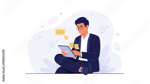 Man in Business Suit Using Tablet with Chat Bubbles, Digital Communication Concept