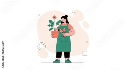 Gardener Woman Holding Potted Plant and Tools, Flat Illustration