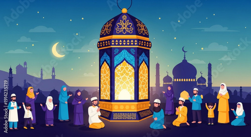 Ramadan lantern with glowing light surrounded by people in traditional attire at night with mosque and crescent moon
