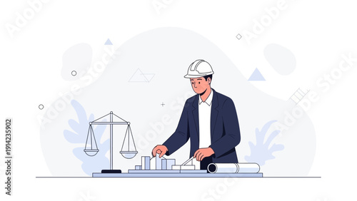 Architect Building Model with Scales of Justice and Blueprints