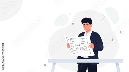 Architect reviewing blueprint for new building project on table