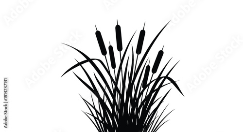 Black silhouette of cattails against white background