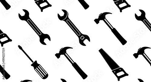 Seamless Construction Tools Silhouette Pattern - Handyman Workshop Vector