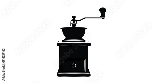 Black silhouette of a manual coffee grinder on a white background