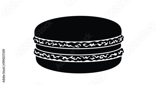 Black silhouette of a macaroon cookie with white filling on a plain background