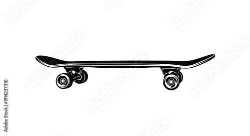 Black skateboard silhouette on white background, simple flat design
