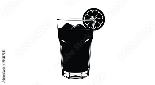 Black silhouette of a glass with ice and a lemon slice on the rim against a white background
