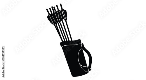 Black silhouette of archery arrows in a quiver bag on white background