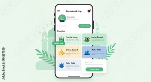 Smartphone with eco friendly app on screen displaying various sustainable living features and green leaves on a light background