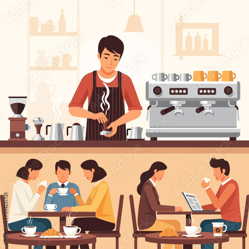 Barista making coffee at counter with customers enjoying drinks at tables in cafe