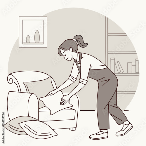 Woman Thoughtfully Arranging Soft Cushions on a Modern Sofa in Neutral Tones, Enhancing Home Comfort and Style in Living Room