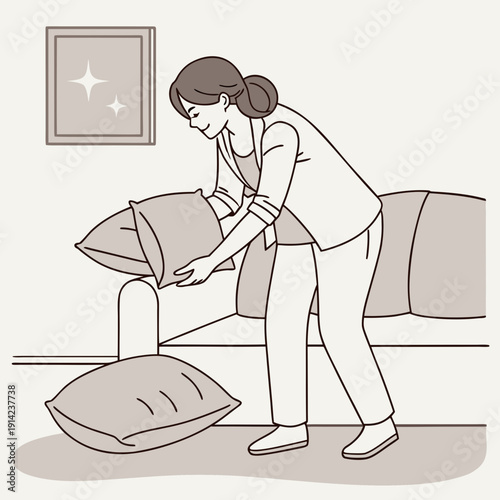 Elegant Woman Tidying Up a Contemporary Sofa, Arranging Plush Cushions in a Stylish Living Room with Neutral Color Palette