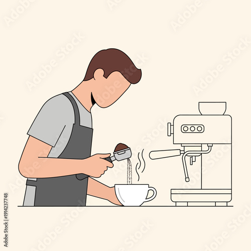 Barista preparing coffee, pouring ground coffee into espresso machine portafilter