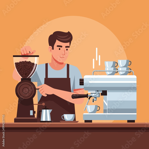 Barista preparing coffee with grinder and espresso machine, serving customers in cafe