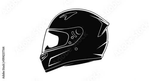 Black motorcycle helmet silhouette with white outline, side view, minimalist flat design