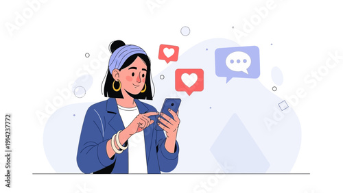 Woman using smartphone with social media likes and chat bubbles illustration