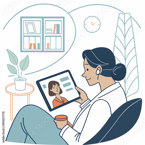 Professional Woman Attending a Virtual Meeting on a Tablet with Blank Screen in a Modern Remote Work Setup, Emphasizing Digital Communication and Productivity