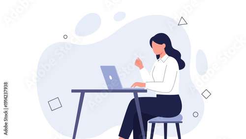Woman working on laptop at desk, modern flat illustration, remote work concept