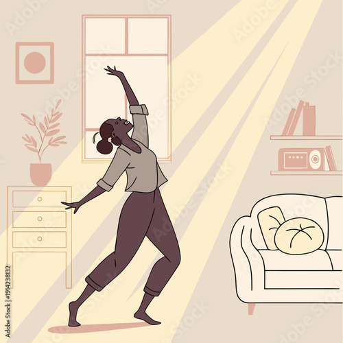 Energetic Woman Dancing with Joy in a Sun-Drenched Living Room, Embracing Freedom and Movement at Home