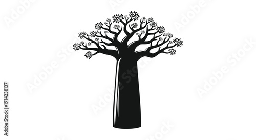 Minimalist black silhouette of a tree with a thick trunk and sprawling branches against a white background