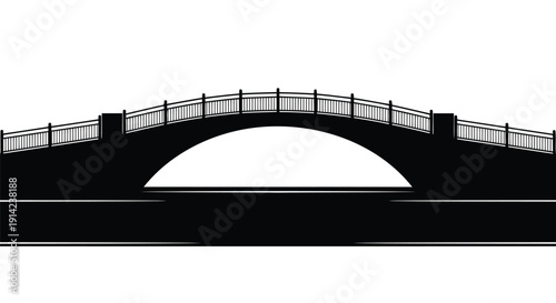 Black silhouette of a single-arch bridge with railing against a white background
