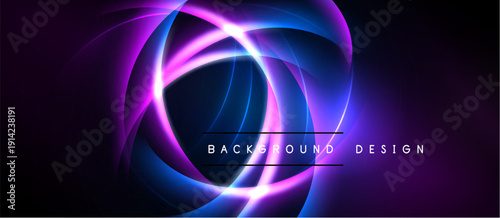 Abstract purple neon swirls dominate dark background. Dynamic lighting creates futuristic, glowing effect. Text reads background design.