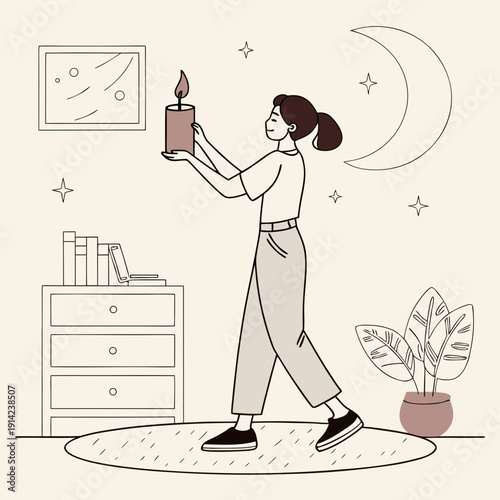 Serene Woman Igniting a Scented Candle in a Cozy Evening Room, Enhancing a Tranquil Atmosphere for Personal Relaxation and Unwinding.