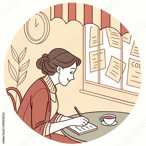 Woman Journaling in a Travel Notebook at a Cafe, Enjoying a Moment of Reflection and Creative Writing in a Relaxed Urban Setting.