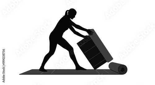 Silhouette of woman pushing box with yoga mat on floor in black shadow style
