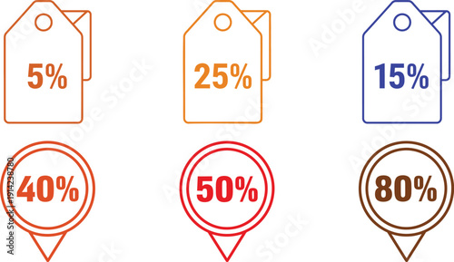 Set of six discount tags with percentage signs and location pins sale offer