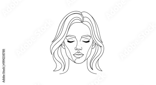 Minimalist line drawing of a serene woman's face with closed eyes and flowing hair.