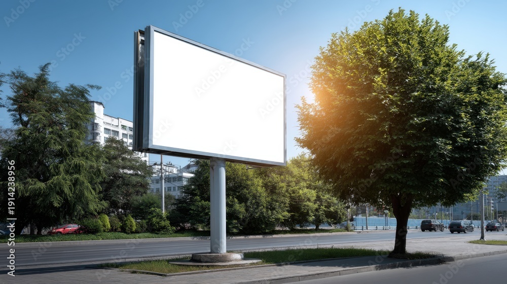Fototapeta premium Empty Billboard on Urban Street Surrounded by Trees under Bright Sunlight on a Clear Day Ideal for Advertisement and Marketing Use