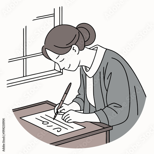 Woman Practicing Elegant Calligraphy Strokes on a Blank Sheet, Creative Artistic Hobby and Skill Development